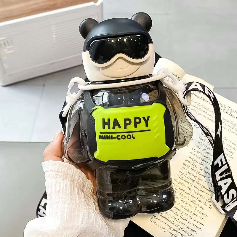 Trendy Creative Mini Cute Bear Water Bottles with Silicone Children's Leak 800ml-Black