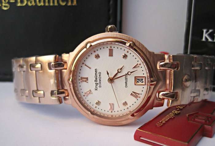 Retail: R10,600.00 Krug Baumen MEN'S Charleston CERTIFIED 4 Diamond White Dial Rose Gold Watch