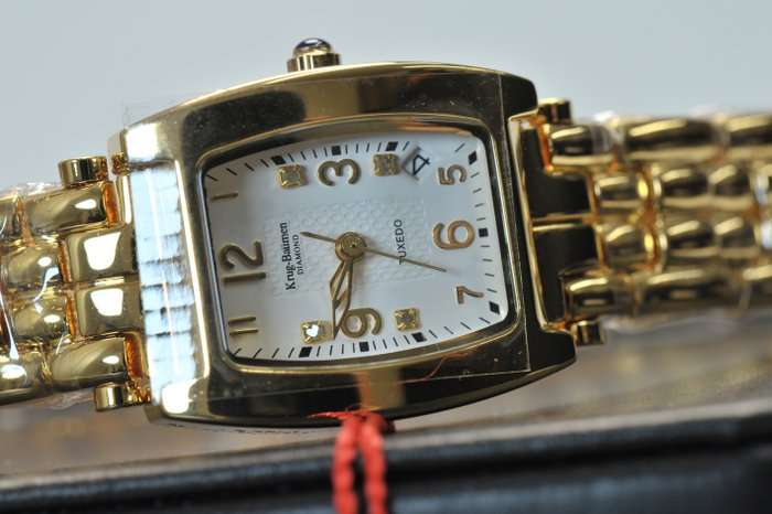 RRP £585 (British Pounds) Krug Baumen WOMEN'S Tuxedo with 4 Diamonds on White Dial Watch