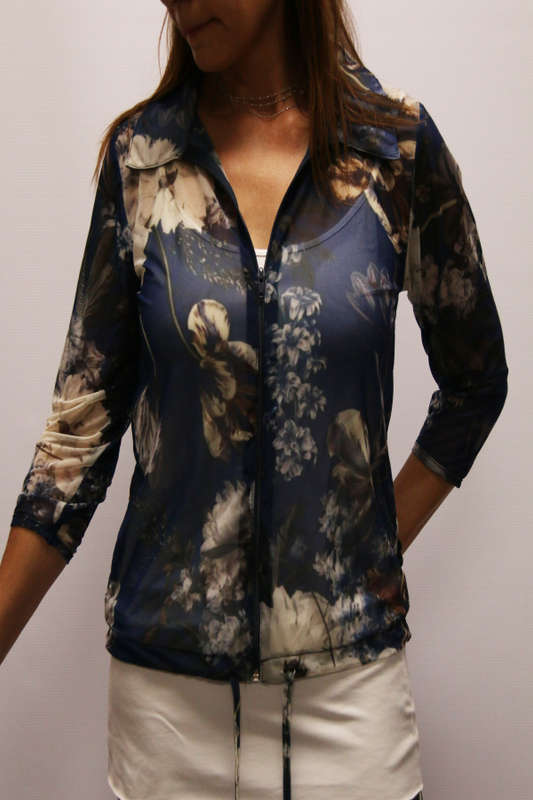 Navy Floral Zipper Tops