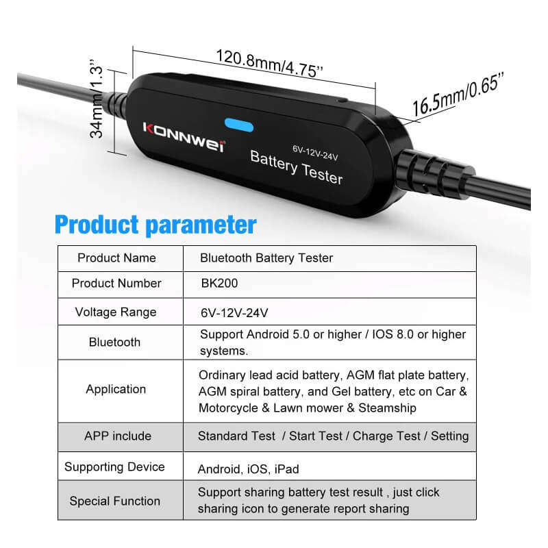 Konnwei BK200 Ultimate 6V/12V/24V Bluetooth Battery Tester