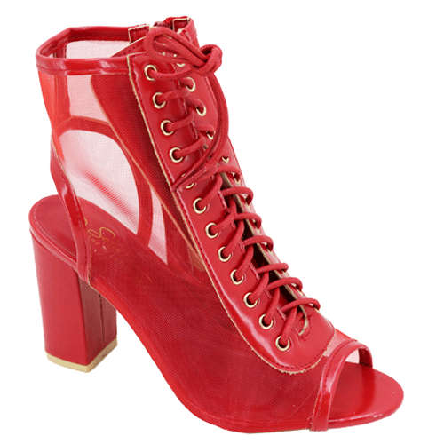 Caged Cutout Peep Toe Heeled Sandals - Red - Black 4