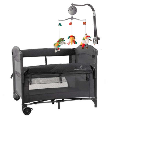 2-in-1 Dark Grey Camp Cot &amp; Co Sleeper with New Born Bassinet Inner with Rotating Toy bar and...