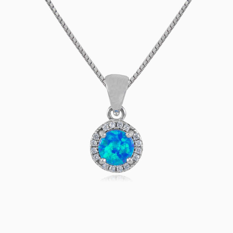 Silver Opal And Cubic Halo Necklace