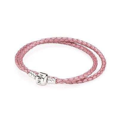 PANDORA COMPATIBLE PINK LEATHER DOUBLE WRAP BRACELET