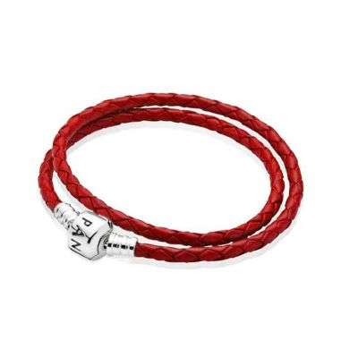 PANDORA COMPATIBLE RED LEATHER DOUBLE WRAP BRACELET