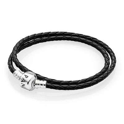 PANDORA COMPATIBLE BLACK LEATHER DOUBLE WRAP BRACELET