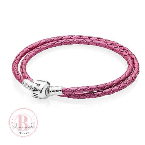PANDORA COMPATIBLE PINK LEATHER DOUBLE WRAP BRACELET