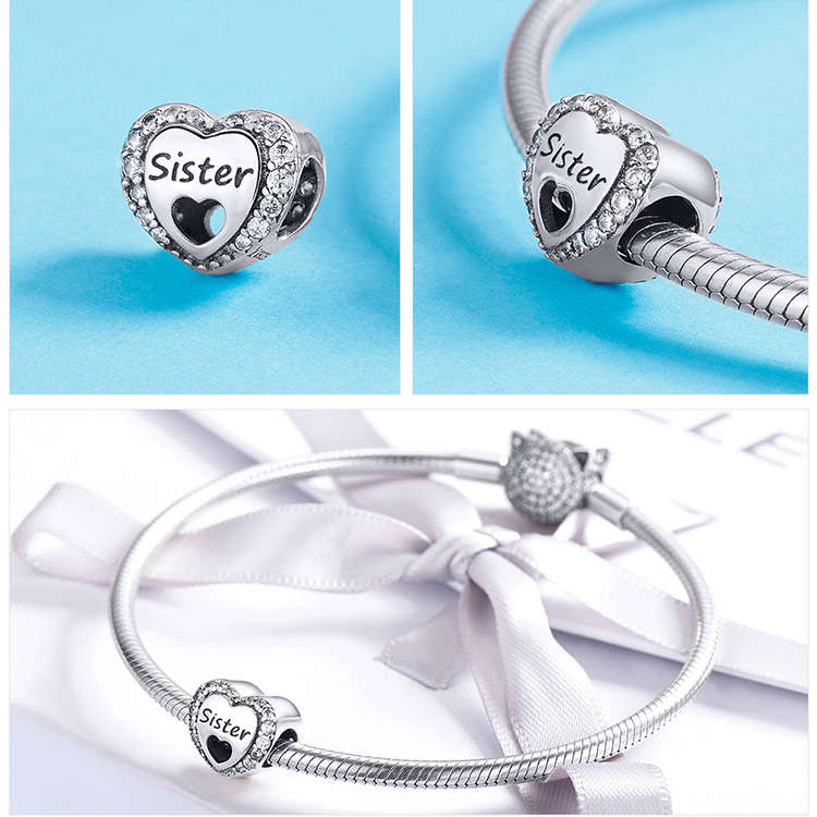 Silver Sister Heart Cubic Charm