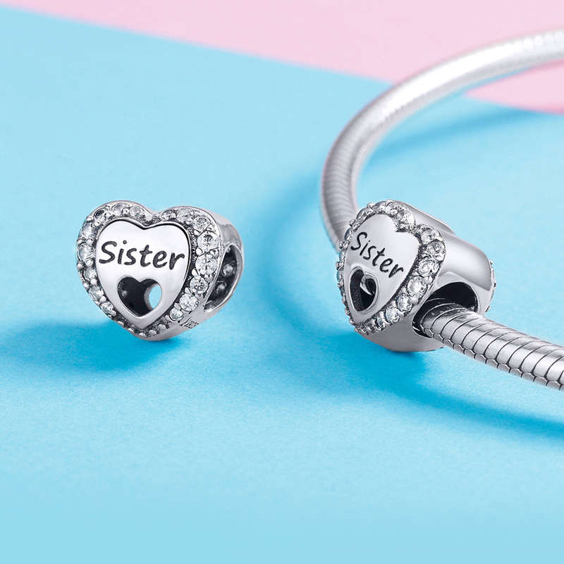 Silver Sister Heart Cubic Charm