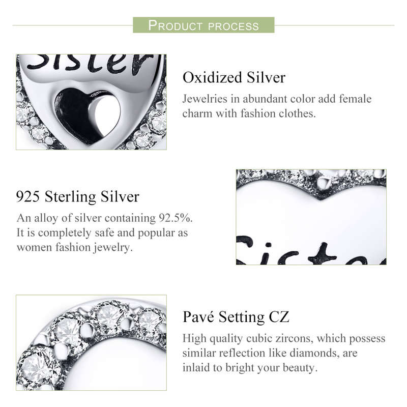 Silver Sister Heart Cubic Charm