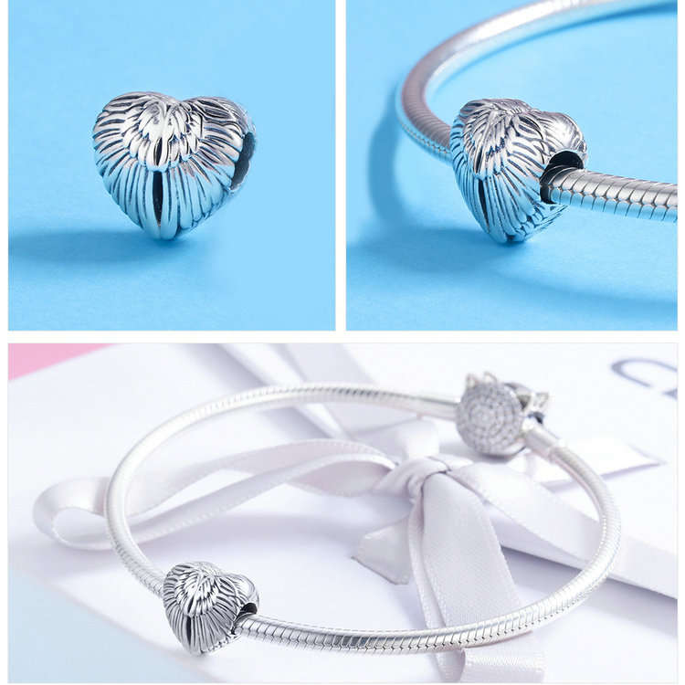 Silver Angel Wings Heart Charm