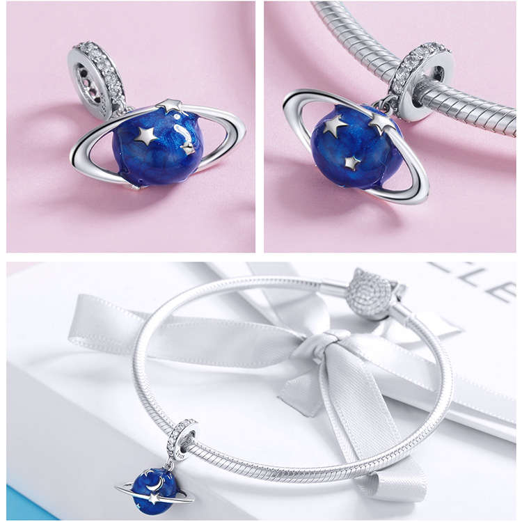 Silver Blue Enamel And Cubic Galaxy Charm