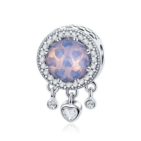 Silver Pink Glass And Heart Cubic Charm