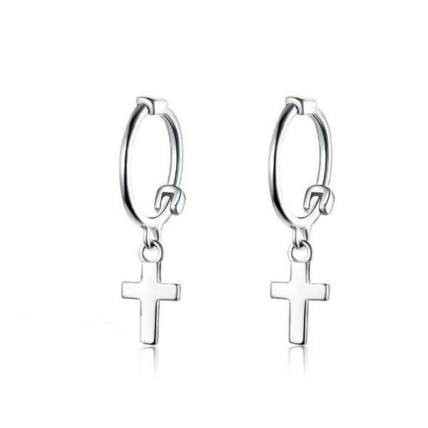 Silver Drop Cross Hoops