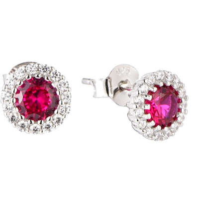 Silver Halo Created Ruby Cubic Earrings