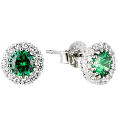 Silver Halo Created Emerald Cubic Earrings