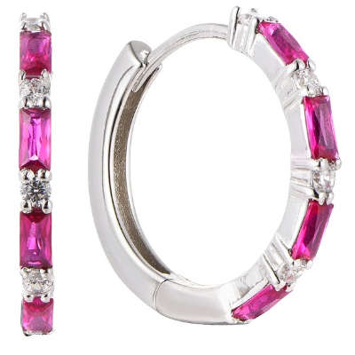 Silver Cubic Ruby Hoop Earrings