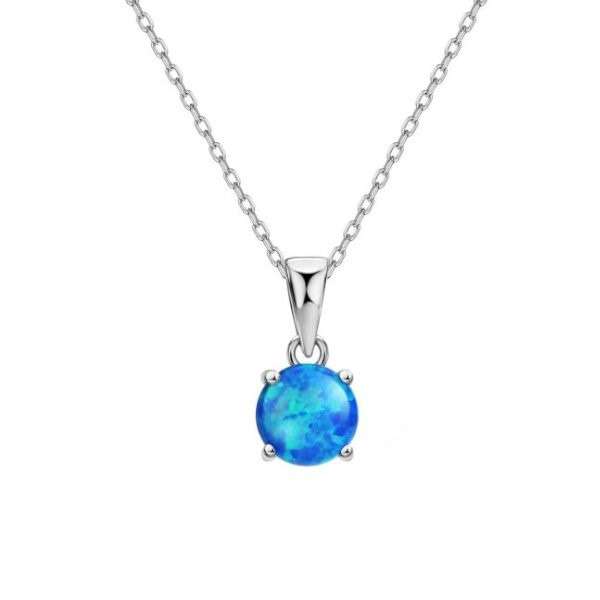 Silver Claw Set Round Blue Opal Solitaire Necklace
