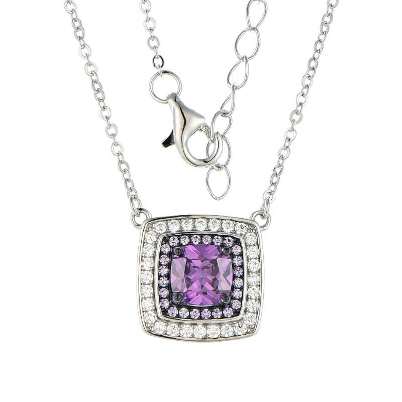 Silver Cubic Created Amethyst Pendant And Chain S800