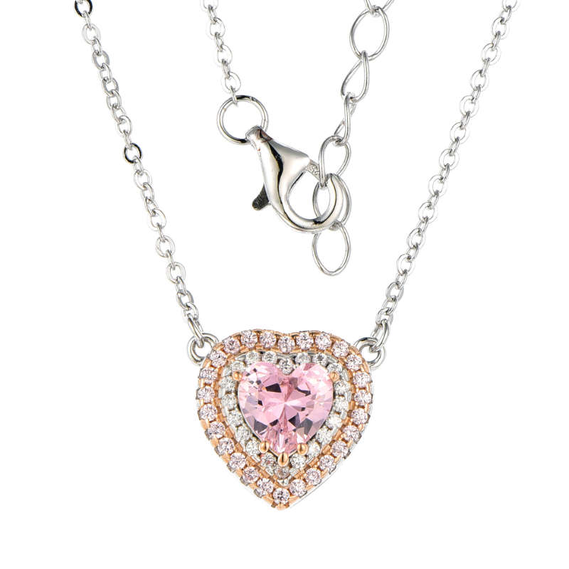 Silver Heart Shape Pink Cubic Pendant And Chain S803