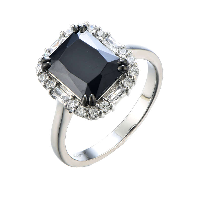 Silver Black Emerald Cut Cubic Ring S808