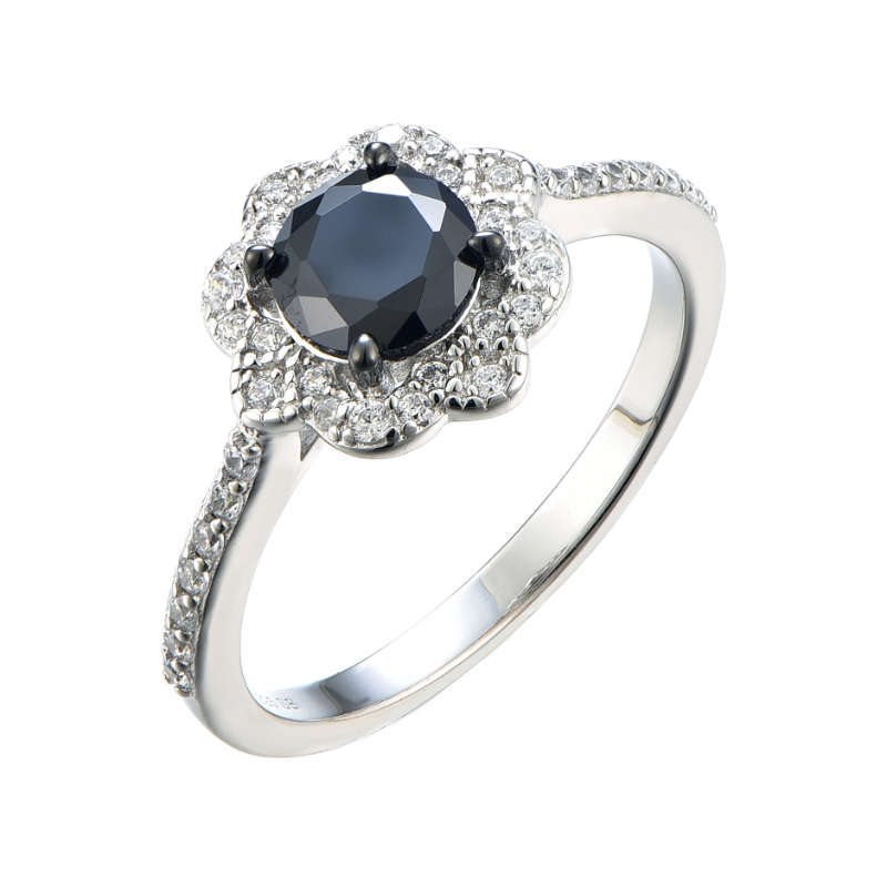 Silver Black Round Cut Cubic Ring S811