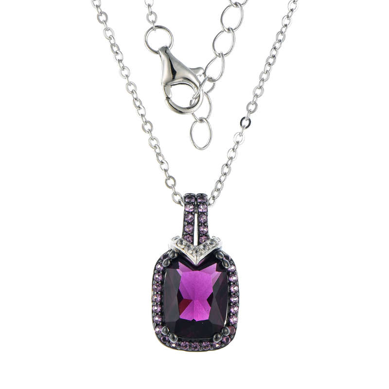 Silver Emerald Cut Created Amethyst Cubic Pendant