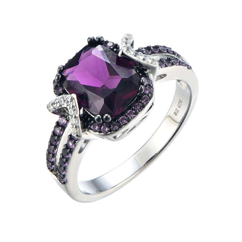 Silver Emerald Cut Created Amethyst Cubic Ring