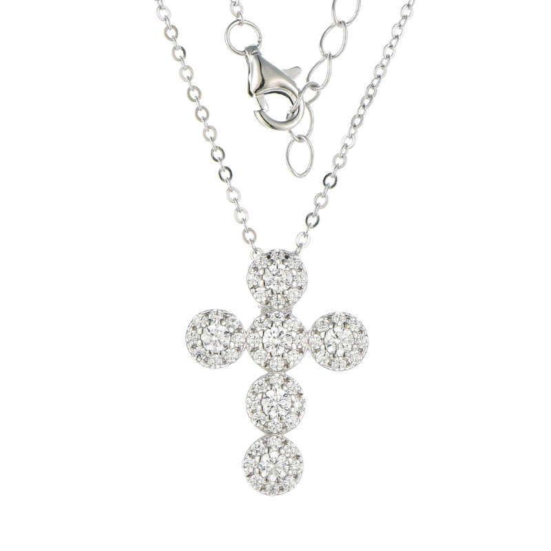 Silver Cubic Coloured Stone Cross Pendant And Chain
