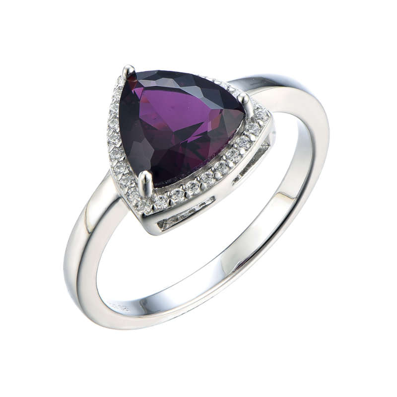 Silver Trilliant Cut Coloured Cubic Halo Ring