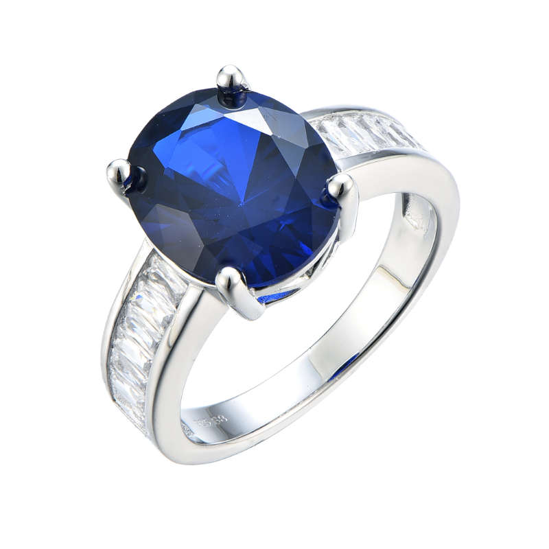 Silver Oval Created Sapphire Cubic And Baguette Ring