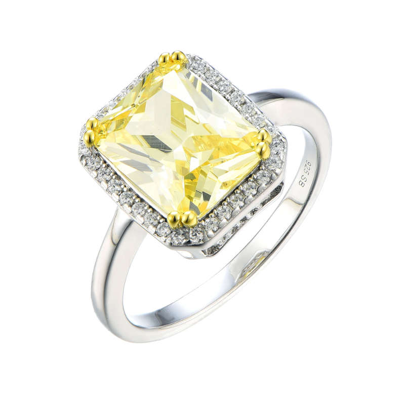 Silver Large Emerald Cut Coloured Cubic Halo Ring