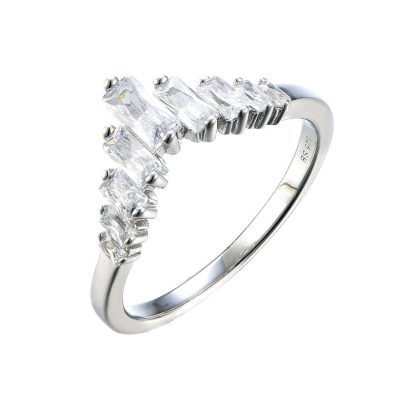 Silver Baguette Cut Cubic Wishbone Ring