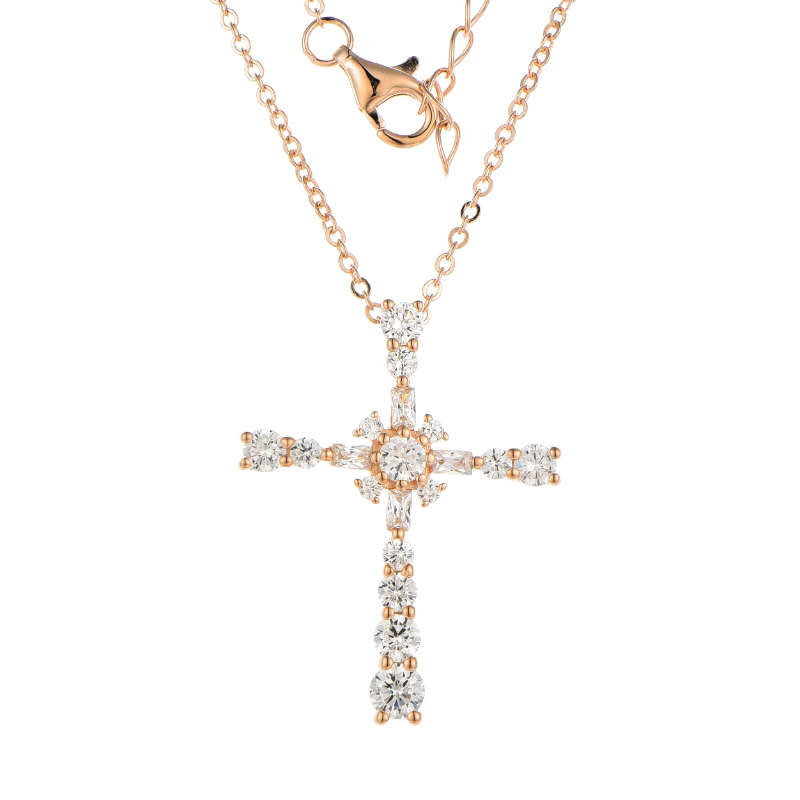 Silver Rose Gold Cubic Zirconia Cross Necklace