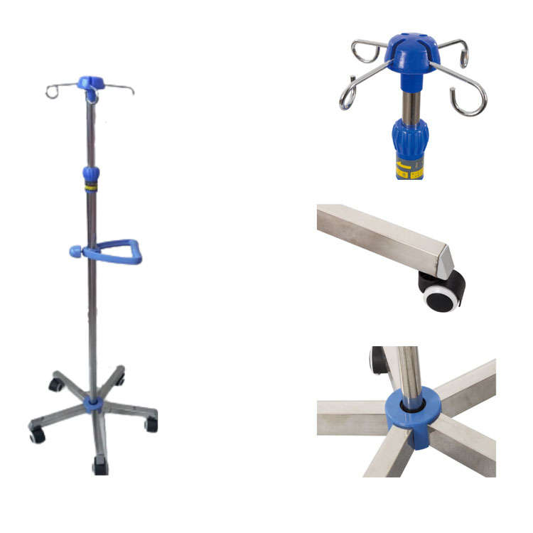 Stainless Steel Drip Stand with 5 Castor &amp; 4 Hooks