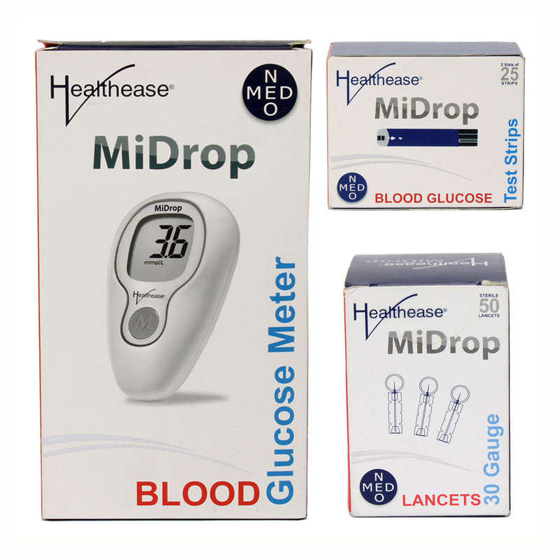 MiDrop Blood Glucose Meter Kit Including Test Strips &amp; Lancets