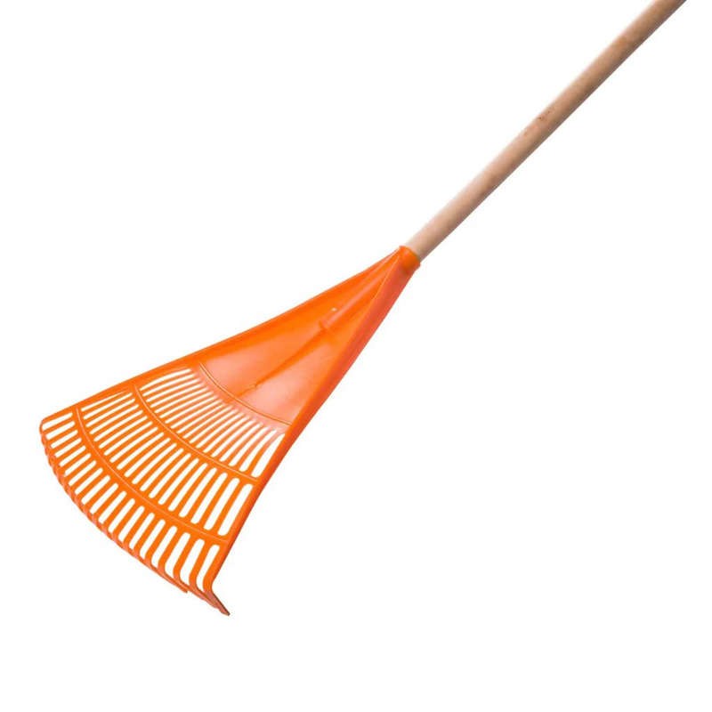 Garden Plastic Leaf Rake - Wooden Handle - Orange