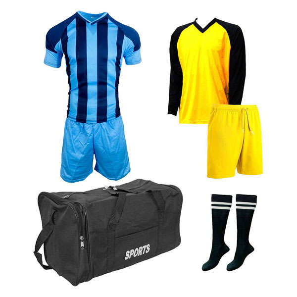 Soccer Kit with Goalkeeper Set &amp; Kit Bag - Football Team of 15 - Light Blue/Dark Blue