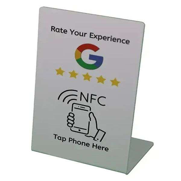 Google Review NFC Activated Table/Counter Top or Desk Display Stand - White