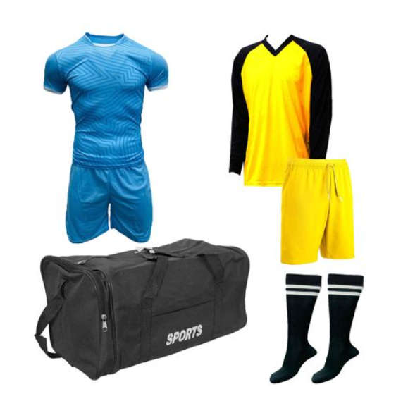 Soccer Kit with Goalkeeper Set &amp; Kit Bag - Football Team of 15 - Blue/White