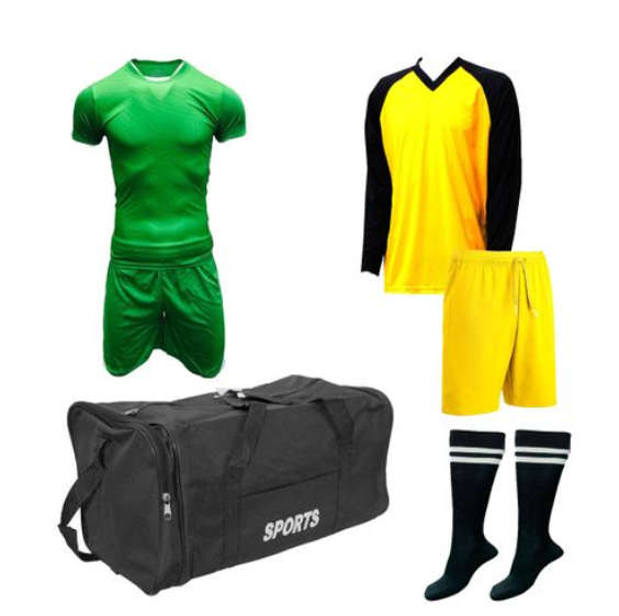 Soccer Kit &amp; Goalkeeper Set &amp; Kit Bag - Football Team of 15 - Green &amp; White