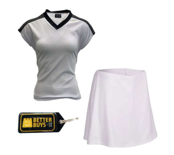 Netball Top/Skirt Kit Set for Women's Team of 10 - White with Black Trim &amp; Keyring