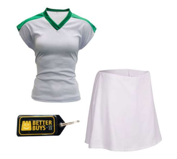 Netball Top/Skirt Kit Set for Women's Team of 10 - White with Green Trim &amp; Keyring