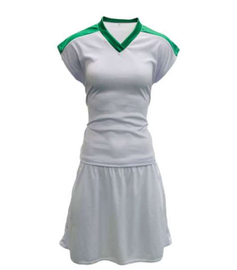 Netball Top/Skirt Kit Set for Women's Team of 10 - White with Green Trim &amp; Keyring