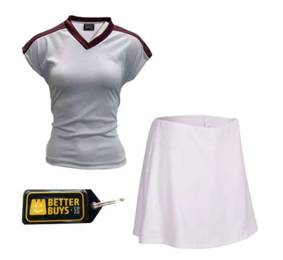 Netball Top/Skirt Kit Set for Women's Team of 10 - White with Maroon Trim &amp; Keyring