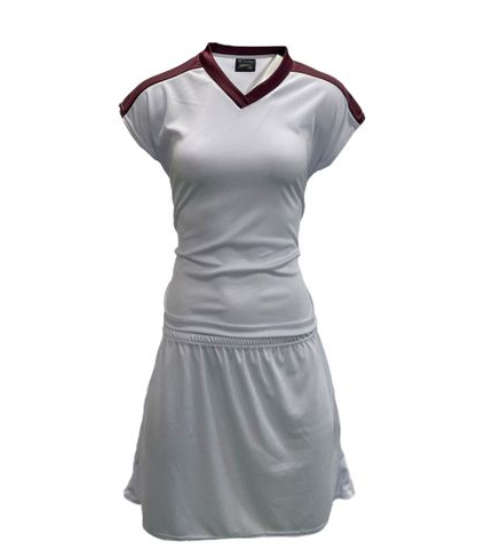 Netball Top/Skirt Kit Set for Women's Team of 10 - White with Maroon Trim &amp; Keyring