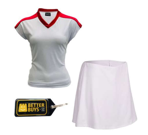 Netball Top/Skirt Kit Set for Women's Team of 10 - White with Red Trim &amp; Keyring