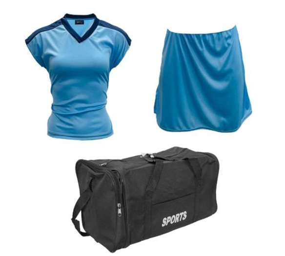 Netball Top/Skirt Kit Set for Women's Team of 10 - Sky Blue/Blue &amp; Bag