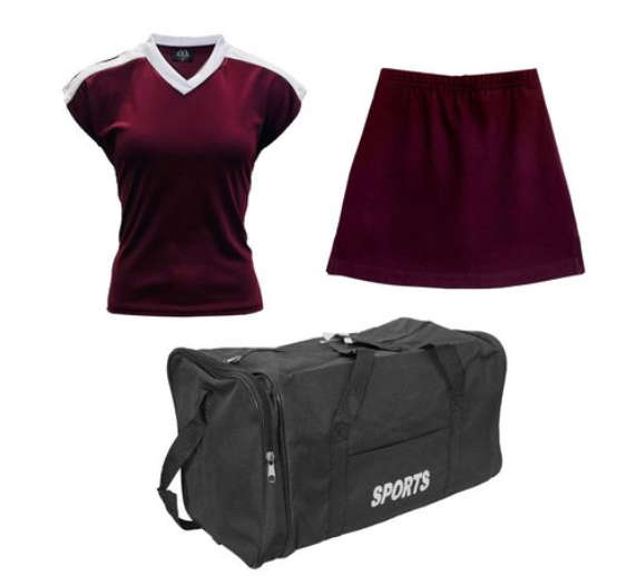 Netball Top/Skirt Kit Set for Women's Team of 10 - Maroon/White &amp; Bag